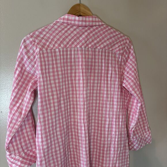 FoxCroft NYC Pink Plaid Button Up Top Pleated Textured Blouse Womens Sz 6 - Picture 7 of 8